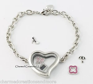Plain Silver Tone Heart Floating Charm Glass Memory Locket Bracelet - Picture 1 of 3