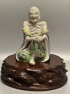 Rare Chinese Kangxi Famille Verte Biscuit-Glazed Porcelain Figure of a Lohan - Picture 1 of 14