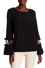 Pleione Anthropologie Black Ruffle Floral Embroidered Bell Sleeve Blouse Mesh S