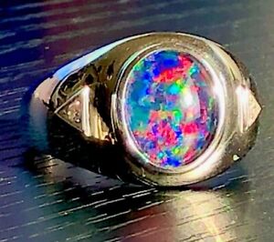 VIDEO Men's Solid Black Opal signet ring Popping fire 12 Y Silver 925
