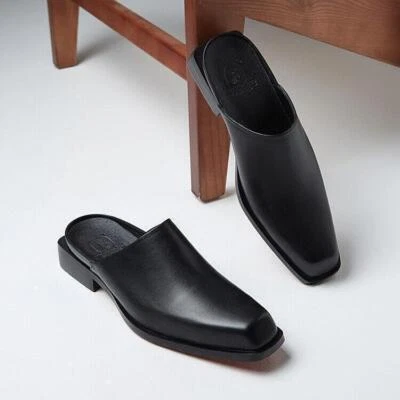 Zapatillas sin cordones de cuero con punta cuadrada para hombre Zapatos informales Vestido occidental Sandalia de trabajo Foto 1 de 4