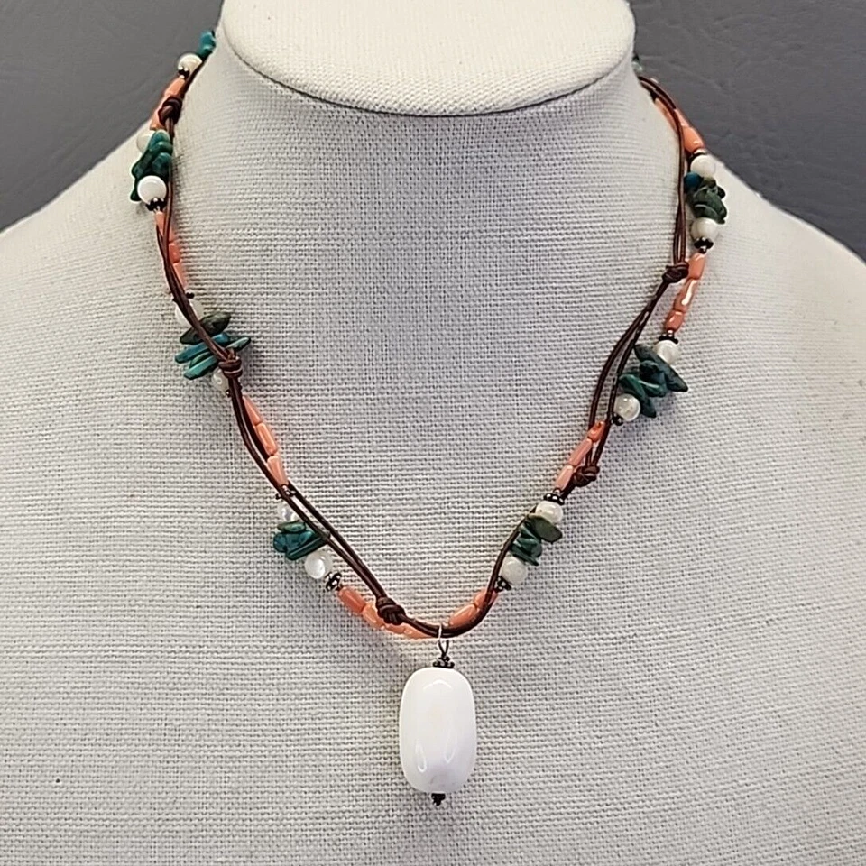 Stone Pendant Necklace Turquoise Howlite Green Chips White Nugget 18" - Image 1 of 4