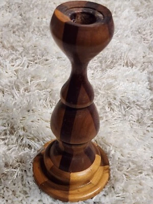 Vintage Segmented Wood Candlestick Holder Turned Wood Handcrafted 7.5" - Image 1 of 4