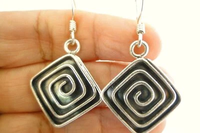 Hill Tribe Plain No Stone Oxidized Maze Design 925 Sterling Silver Earrings - Image 1 of 3