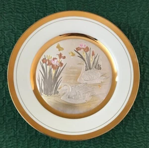Vintage Porzellan Teller Schwäne & Blumen Chokin 24 Kt Goldrand - antike Kunst - gebraucht, in einwandfreiem Zustand - Bild 1 von 3