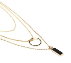 COLLANA Rettangolare NERO PENDENTE Tre Fili Leggera Tono ORO Catena - Foto 1 di 12