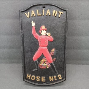VALIANT HOSE NO. 2 FIREFIGHTER CAST IRON FIRE HOUSE SIGN 10.5"×5.75" - Picture 1 of 9