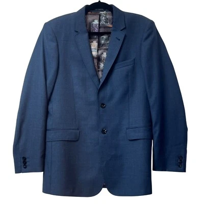 Ted Baker Blue Textured Two-Button Blazer Patterned Lining Notched Lapel Sz 38 R - Image 1 of 4