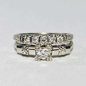 Vintage GG Certified Platinum/Palladium 0.18ctw Diamond Size 6.5 Ring Set 5.2g - Picture 1 of 15