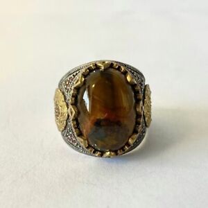 Brown Men's Ring Sterling Silver Turkish Natural Agate Antique 925 Size 9.5