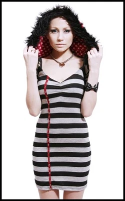 Shrinkle Fur Skull Hoodie Dress Small Black Gray Striped Studded y2k Punk Goth - Image 1 of 4