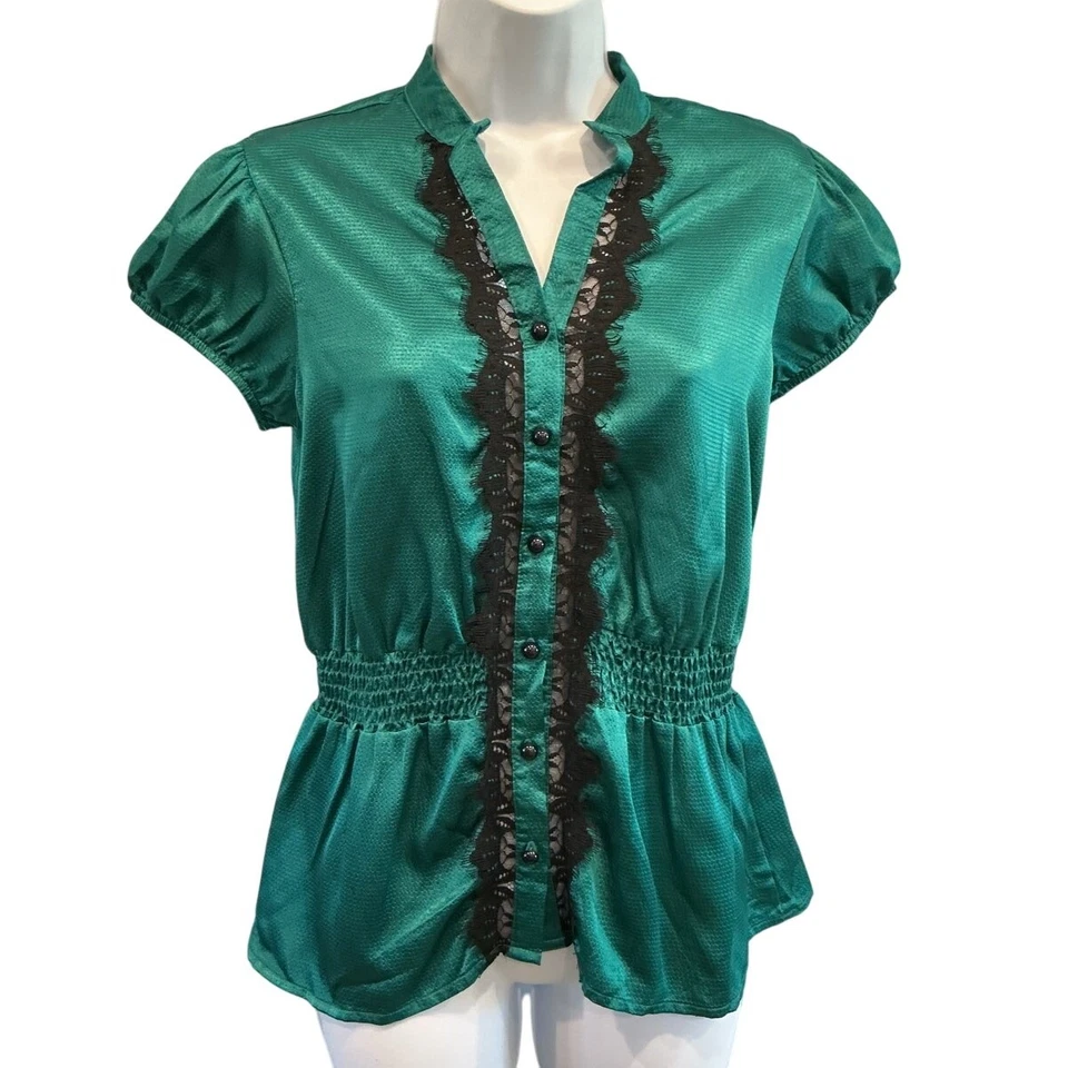 Vintage Womens Satin Y2K Babydoll Top Sz S Emerald Green Black Lace Whimsigoth - Image 1 of 4