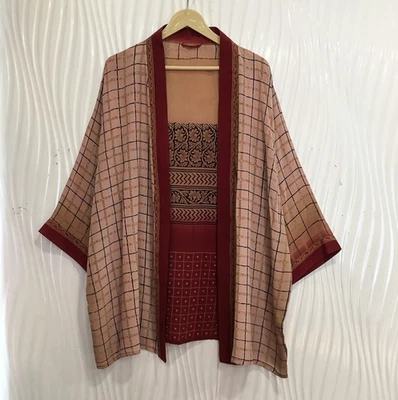 Chaqueta plumero kimono corta de seda cárdigan capa bata suelta melocotón y beige KMS3706 Foto 1 de 4