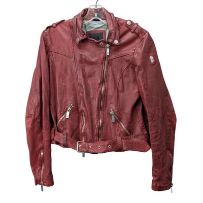 MAURITIUS Leather Jacket Women's Red Size M Biker Moto Asymmetrical Zip Belted - Image 1 of 4