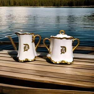 Gold vergoldet Design Haviland Frankreich Milchkännchen & Zuckerdeckel monogrammiert D um 1800 - Bild 1 von 9