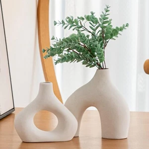 White Ceramic Vase Set of 2 for Modern Home Decor, Round Matte Donut Vases - Picture 1 of 7