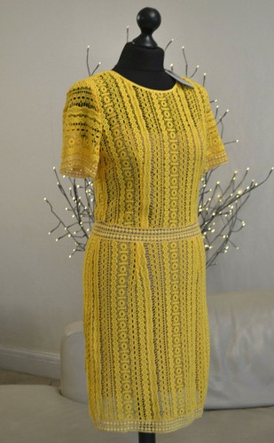 Abito donna MK Michael Kors pizzo applique giallo foderato cotone staccato tg UK 6