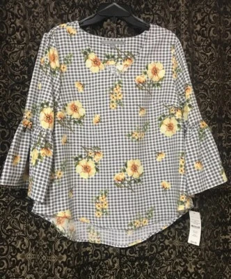 Blusa Valerie Stevens Flores Palomitas de Maíz/Gris Cuadros Cuello en V Volantes Manga Campana Lg Foto 1 de 4