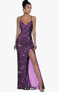 Women's Formal Sparkling Shimmer Shiny Sequins Long Evening Prom High Slit - Picture 1 of 5