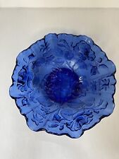 Vintage Imperial Cobalt Blue 9” Glass Bowl Open Roses Leafs Inside And Out