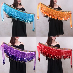 Belly Dance Dancer Costume Sequins Gold Coins Tassel Hip Scarf Waist Wrap Skirt - Picture 1 of 27