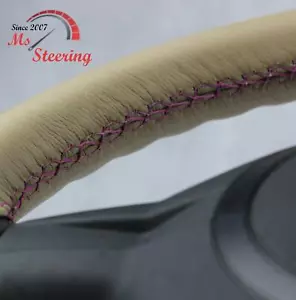 FOR FORD RANGER 05-11 BEIGE LEATHER STEERING WHEEL COVER PURPLE STIT - Picture 1 of 6