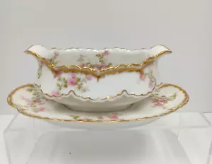 Haviland Limoges Schleiger 29 K Sauciere mit aufgesetztem Unterteller rosa gold weiß - Bild 1 von 18