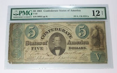 1861 PMG F12 NET Confederate States of America $5 Dollar Note Missing VA #35746F - Image 1 of 4