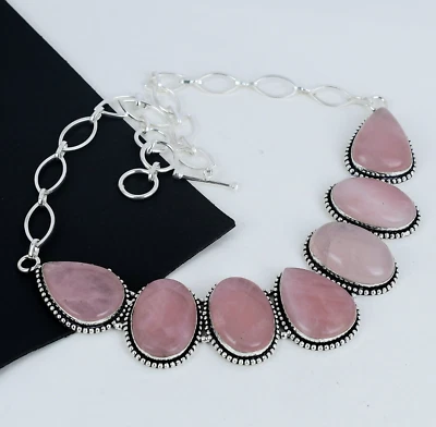 Naturale Quarzo Rosa Gemma 925 Argento Sterling Fatto a Mano Collana Per Love - Immagine 1 di 4