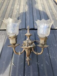 Vintage Combination 1 gas  2 Electric Arm Wall Sconce Old Acid Etched Shades