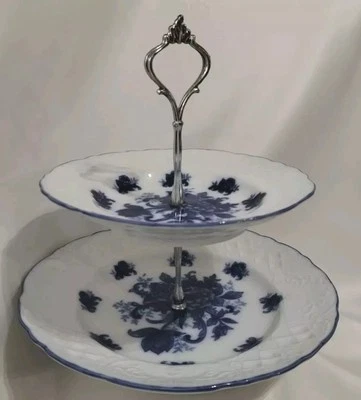 2 Tier Stand Server, Serving Dish,White With Blue Flowers Silver Handle vintage  - Image 1 of 4