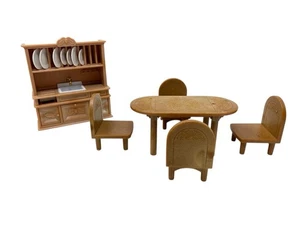 Calico Critters Sylvanian Families Kitchen Dining Table Chairs & Hutch w/ Plates - Picture 1 of 13