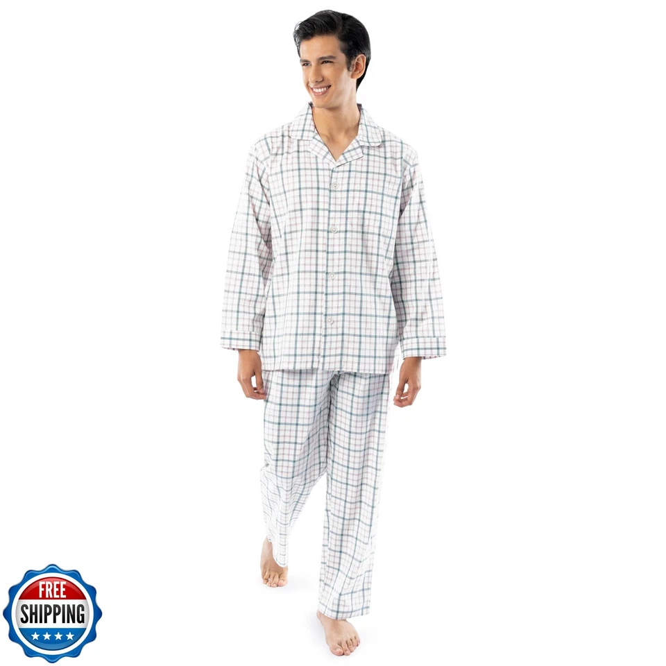 Juego de pijama Fruit of the Loom de tela ancha de manga larga para hombre, plai natural/verde Foto 1 de 4