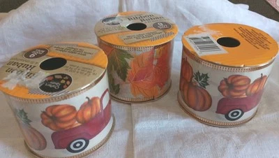 3 Rolls Wire Edge Ribbon Fall Pumpkins Leaves 9 ft Each NEW - Image 1 of 4