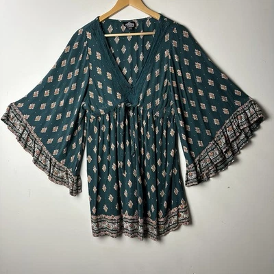 Angie Green Floral Bell Sleeve Mini Dress Babydoll Festival Forest Fairy Boho M - Image 1 of 4