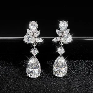 GRA Certified All Moissanite Drop Earrings for Women 925 Silver Pear Engagement - Picture 1 of 13