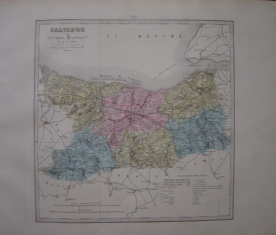 Grande CARTE du Département du CALVADOS en 1880 Caen Lisieux Bayeux Honfleur - Photo 1/1