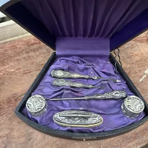 Antique Victorian Bouquets Silver 7pc Dresser/Vanity/Manicure Set Quadruple Plt - Picture 1 of 8