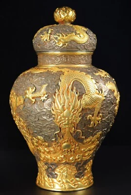 Tarro de 11,8" Antiguo Dinastía Oro Plata Ware Xiangyun Dragón Bestia Larga General Foto 1 de 4