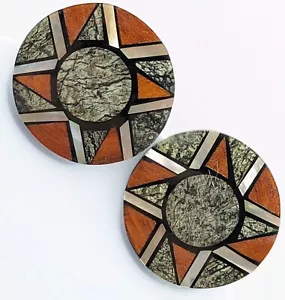 Vintage 80s Huge XL Mother Of Pearl Wood Coral Resin Disc Clip On Earrings - Picture 1 of 8
