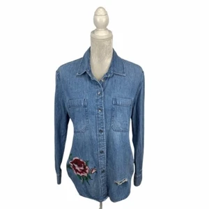 American Eagle Factory Distressed Button Down Denim Shirt Embroidered Rose XS - Picture 1 of 11