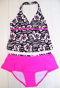Girls Youth Ocean Pacific 2 Pc Pink Tropical Halter Skirted Bikini Swimsuit 12.5 - Picture 1 of 2