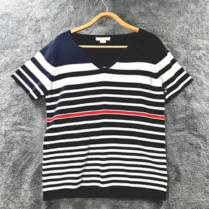 NONI B Womens Top Size M Navy Blue White Red Stripe Knit Short Sleeve V-Neck - Picture 1 of 14