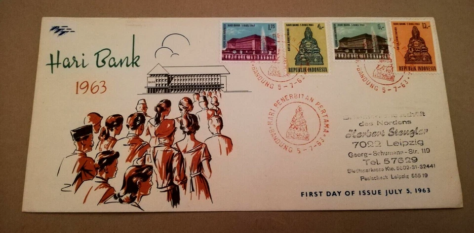 INDONESIA 1963 FDC cover Hari Bank architecture - Image 1 of 1
