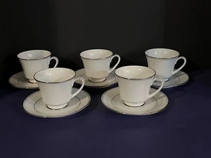 (5) Vtg Noritake Regency #2219 Footed Cup & Saucer Sets ￼White w/ Platinum Trim - Picture 1 of 9