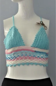 New Handmade Crochet Pink Blue Size 30 (S) Boho Bra Beachwear Crop Top - Picture 1 of 3