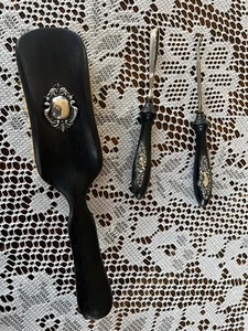 Late 1800's 3-piece Vanity / Dresser Set, Ebony Wood w Sterling Silver Appliqué - Picture 1 of 3