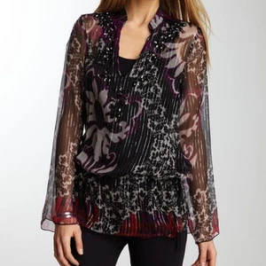 Hale Bob verzierte Blumen Seide Tunika Bluse Medium - Bild 1 von 13