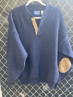 VINTAGE 60s Pendleton Sweater Mens L Blue Elbow Patch 100% Wool Henley Pullover - Image 1 of 4