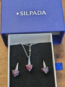 Retired Silpada Silver And Red Cubic Zirconia Heart Necklace And Earring Set New - Picture 1 of 6